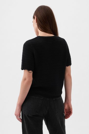 Buy Black Crochet Crew Neck Short Sleeve Knit Jumper from the Gap 