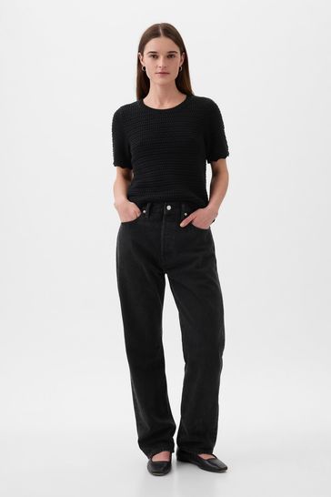 Buy Black Crochet Crew Neck Short Sleeve Knit Jumper from the Gap 