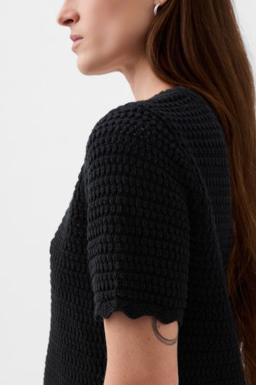 Buy Black Crochet Crew Neck Short Sleeve Knit Jumper from the Gap 