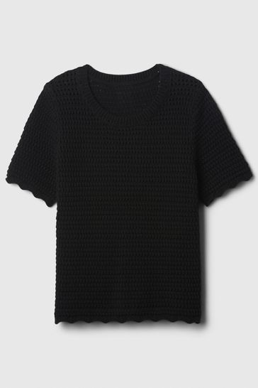 Buy Black Crochet Crew Neck Short Sleeve Knit Jumper from the Gap 