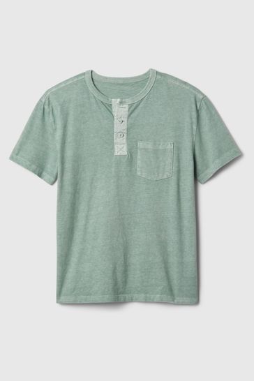 Green Vintage Henley Short Sleeve Crew Neck T-Shirt (4-13yrs)