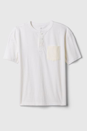 White Vintage Henley Short Sleeve Crew Neck T-Shirt (4-13yrs)