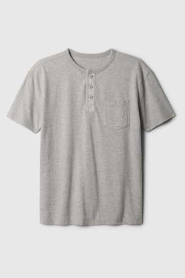 Grey Vintage Henley Short Sleeve Crew Neck T-Shirt (4-13yrs)