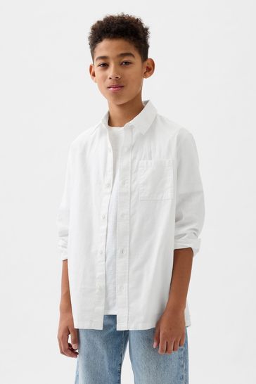 White Linen Blend Long Sleeve Oxford Shirt (4-13yrs)