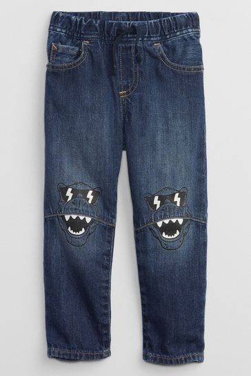 Dark Wash Blue Pull-On Slim Dinosaur Print Jeans
