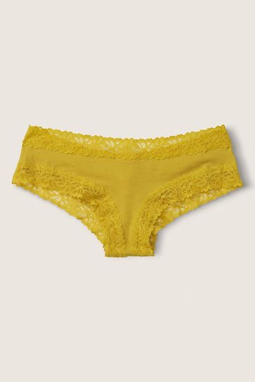Victoria's Secret PINK Golden Pear Yellow Cotton Lace Trim Cheeky Knicker