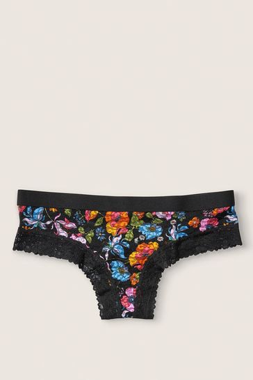 Victoria's Secret PINK Pure Black Retro Flowers Lace Logo Thong Knickers