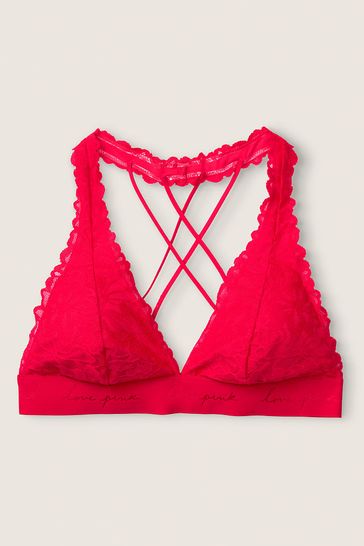 Victoria Secret Pink Bralette Small Red Lace Top Shirred Back Criss Cross  Straps