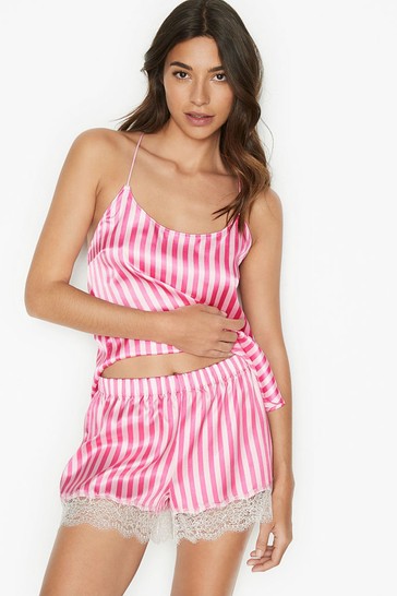 Victoria's Secret Hollywood Pink and White Stripe Satin Lace Racerback Cami Pyjama Top
