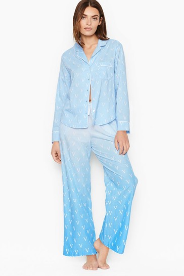 Victoria's Secret Blue Ombre Logo Cotton Long Pyjamas