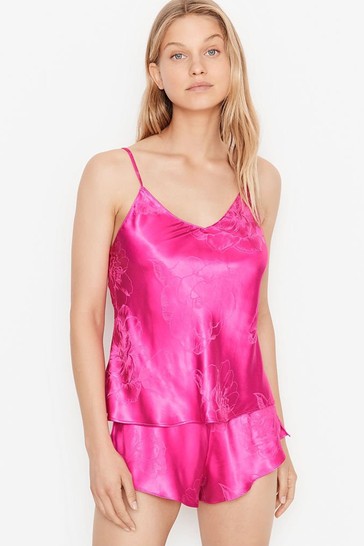 Victoria's Secret Fluorescent Pink Satin Draped Back Cami Set