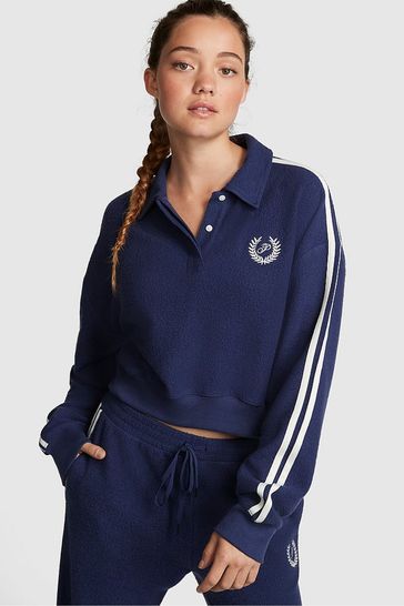 Victoria's Secret PINK Midnight Navy Blue Reverse Fleece Polo Sweatshirt