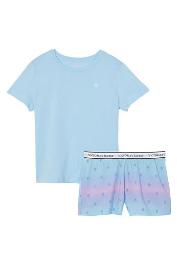 Victoria's Secret Blue Wave Ombre Logo Cotton T-Shirt Short Pyjamas
