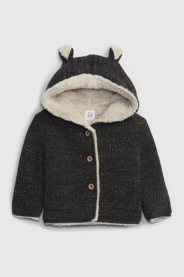 Charcoal Grey Sherpa Lined Button Up Bear Hoodie