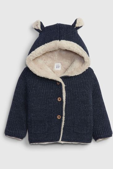 Blue Sherpa Lined Button Up Bear Hoodie