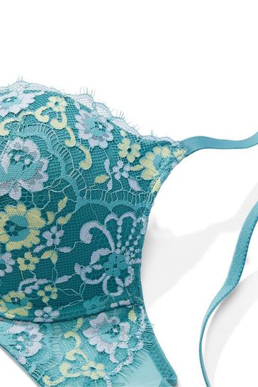 Blue/Teal brocade-like lace underwire push-up Bra- bow detail- Size 30A
