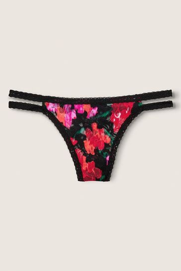 Victoria's Secret PINK Pure Black Soft Floral Strappy Lace Thong Knicker