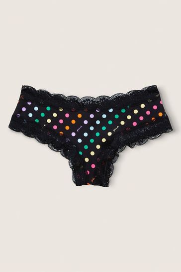 Victoria's Secret PINK Black Rainbow Logo Dots Lace Trim Cheeky Knickers