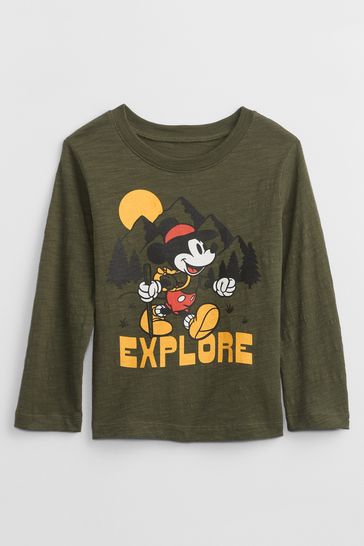 Green Mickey Long Sleeve Crew Neck Graphic T-Shirt