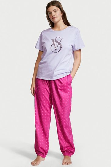Victoria's Secret Fuchsia Frenzy Purple Dot Cotton T-Shirt Long Pyjamas