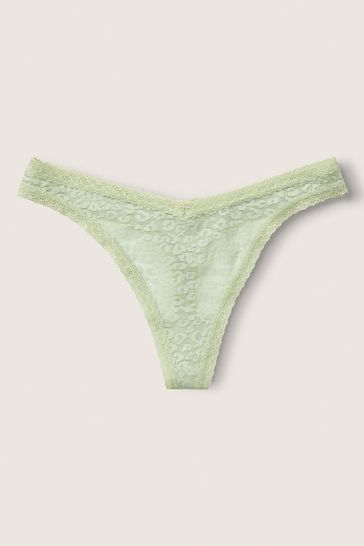 Victoria's Secret PINK Celadon Green Lace Logo Thong Knicker