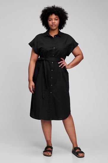 Buy Black Linen Cotton Midi Shirt Dress from the Gap online shop