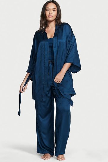 Victoria s Secret Academy Blue Satin Jacquard 3 Piece Pyjama Set