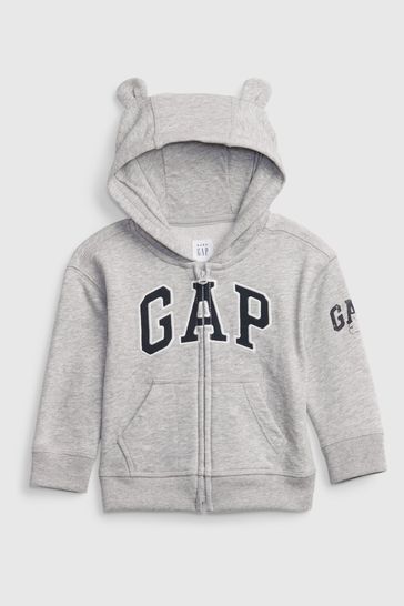 Light Grey Logo Zip Up Bear Ear Hoodie - Baby