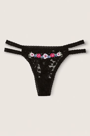 Victoria's Secret PINK Pure Black with Embroidery Black Strappy Lace Thong Knickers