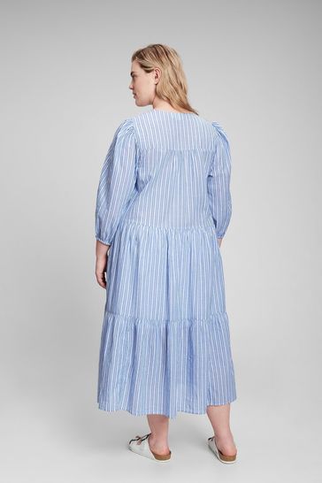 Gap Blue Stripe V Neck Print Tiered Dress