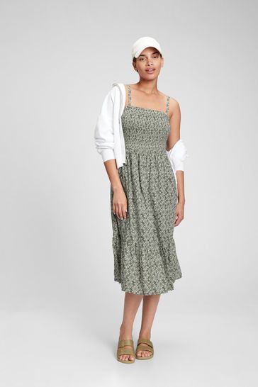 Green Smocked Midi Dress
