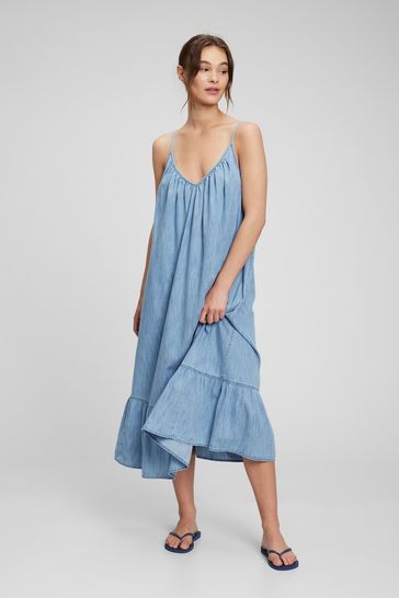 Light Blue Organic Cotton Denim Strappy Ruffle Hem Maxi Dress