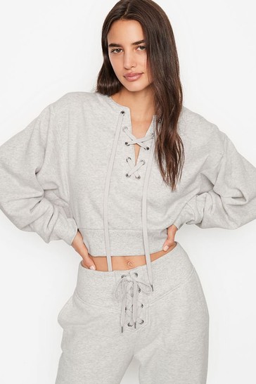 Buy Victoria s Secret Cotton Fleece Lace Up Crewneck Hoodie from