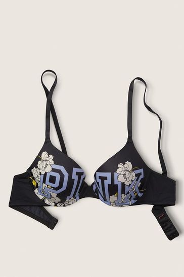 Victoria's Secret PINK Pure Black Floral with Logo Smooth Push Up T-Shirt Bra