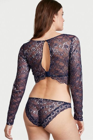 Victoria s Secret Ensign Navy Blue Allure Shimmer Long Sleeve Bra Top