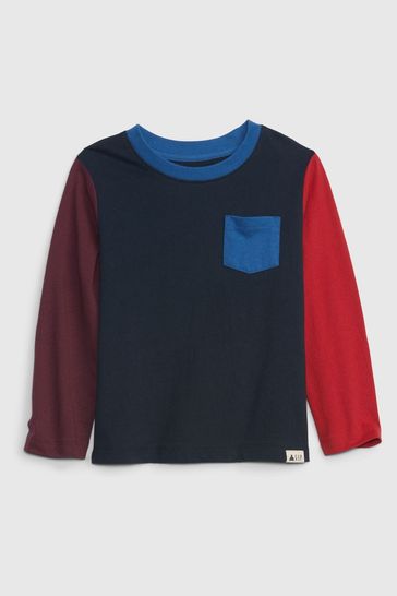 Black, Blue and Red Pocket Long Sleeve Crew Neck T-Shirt