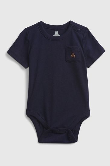 Navy Blue Pocket Short Sleeve Baby Bodysuit