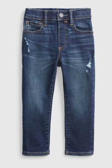 Blue Elasticized Pull-on Taper Destructed Jeans