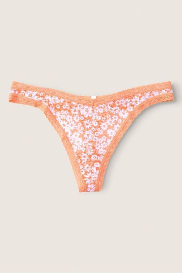 Victoria's Secret PINK Coral Cream Floral Orange Lace Logo Thong Knickers