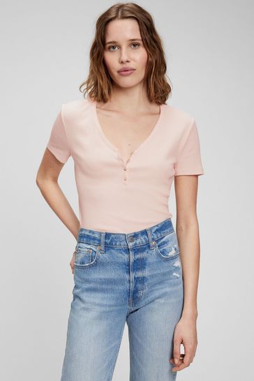 Pink Ribbed Henley T-Shirt