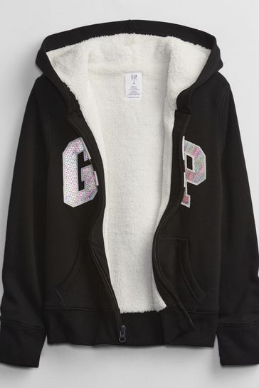 Gap Black Sherpa Lined Zip Up Logo Hoodie