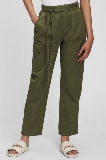 Green High Rise Pleated Cargo Trousers