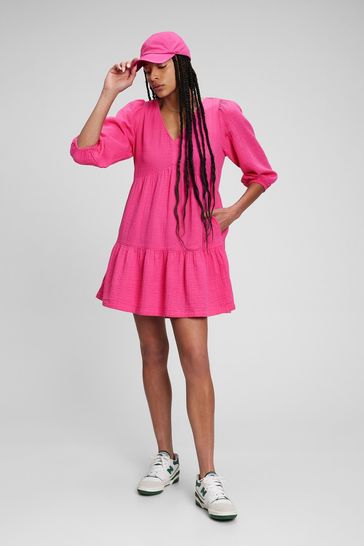 Pink Crinkle Gauze Tiered Mini Dress