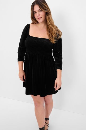 Gap Black Smocked Velvet Long Sleeve Mini Dress