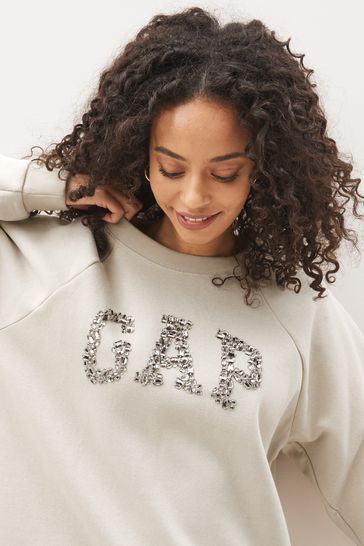 Cream Embellished Logo Crew Neck Sweatshirt