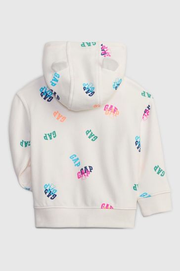 Gap White All Over Logo Zip Up Bear Ear Hoodie Baby