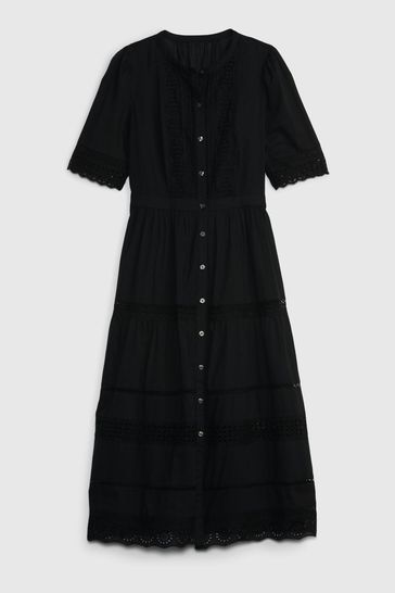 Black Lace Button Up Short Sleeve Midi Dress