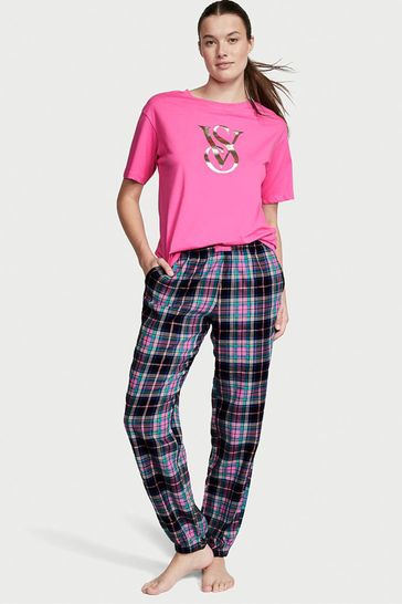 Victoria s Secret Black Pink Tartan Long Cuffed Pyjamas