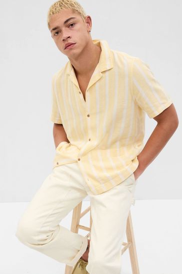 Gap Khaki White Stripe Linen Cotton Cabana Shirt