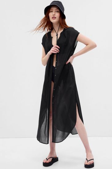 Black Voile Dolman Shirt Dress
